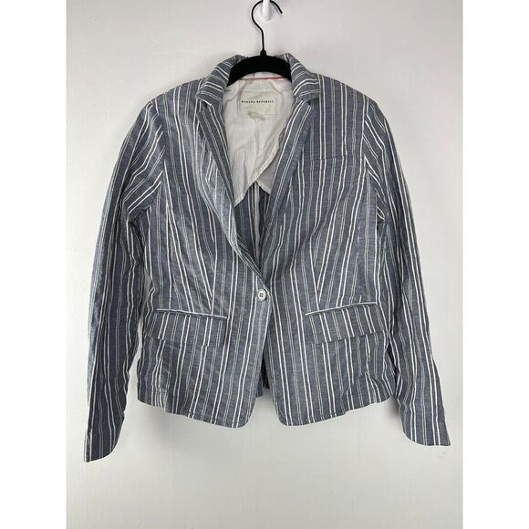 Banana Republic Womens Petite Striped Linen Blend Blazer White & Blue Size 6P - Picture 1 of 4